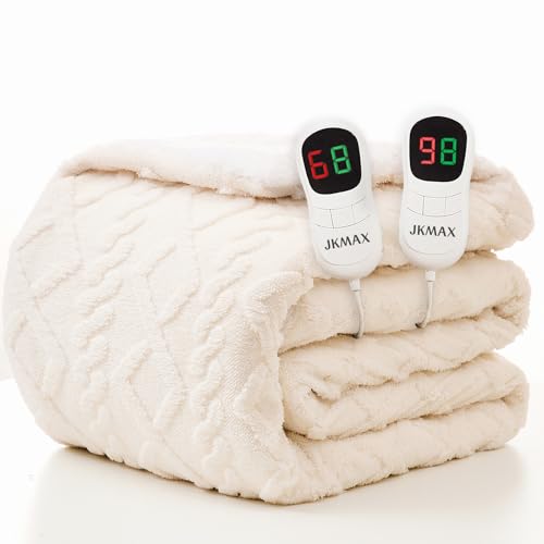 JKMAX Heated Electric Blanket Queen Size-84"x90" Heating Blanket with 10 Heating Levels & 5 Time Settings Over-Heat Protection,Winter Warmer for Adults with ETL Certification(Cream)
