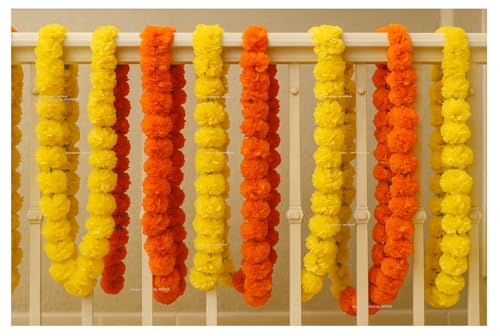 Image of SPHINX Artificial Fluffy Marigold Flower Garlands for Diwali,Pooja,Ganesh Chaturthi,Wedding,Festival, Housewarming,Mandir,Door,Wall,Home Decor,Trousseau,Gift Wrap (3 Yellow + 3 Orange. 6 Pieces)