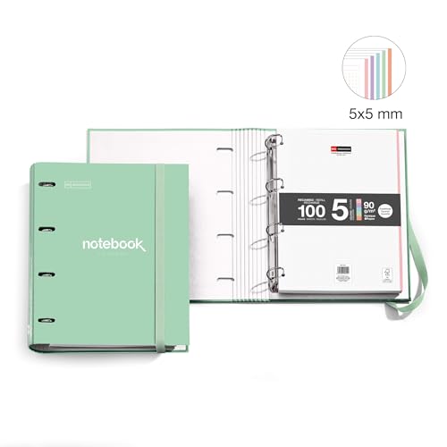 Miquelrius - Ringordner A4 Emotions, Ringbuchordner mit 4 Ringen + kariertes Nachfüllpapier 90 g/m², Gummibandverschluss, Ringbuch Büro Zubehör Schul, Mintgrün