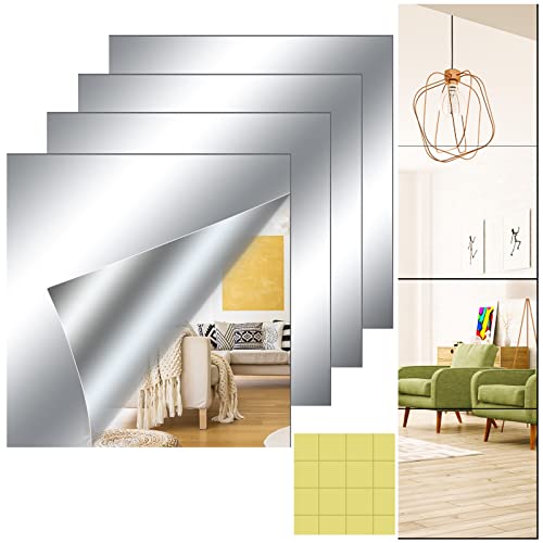 Jognee 4 espejos autoadhesivos, 20 x 20 cm, autoadhesivos, flexibles, no vidrio, DIY, acrílico, decoración de pared, espejo decorativo sin marco
