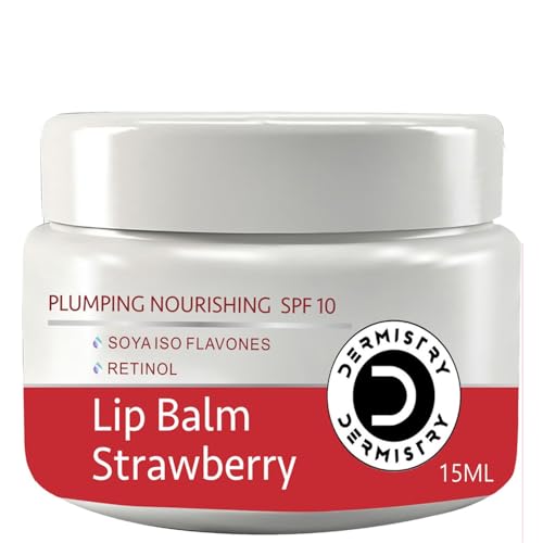 Image of Dermistry Plumping SPF10 Glossy Strawberry Lip Balm for Dry Dark Pigmented Chapped Lips with Shea Butter, Retinol, Coconut Oil Provides Sun Protection, Dark Black Pigmentation Remover Men Women 15ml