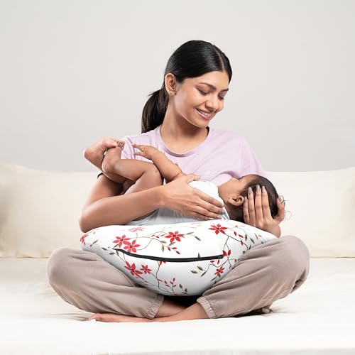 Image of Wakefit Feeding Pillow for New Born Baby | 3 Months Warranty | 5 in 1 Nursing Pillow for Breastfeeding with Cotton Removable Cover | Sakura White