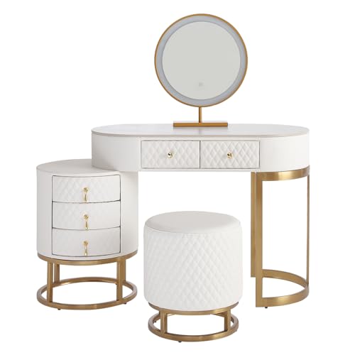 FUKAYI Premium White Faux Leather Vanity Desk Set with Integrated LED Mirror, Comfy Stool and Multifunctional Drawers, White desk