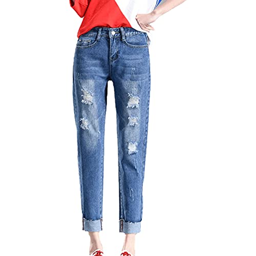 Maiyifu-GJ Women High Waist Ripped Skinny Jeans Boyfriend Slim Fit Washed Stretch Jean Juniors Distressed Pencil Denim Pants (Blue,29)
