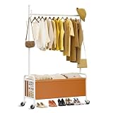 FLOUREE Clothes Rack with Wheels & Storage Basket, Heavy Duty Rolling Clothing Rack with Hooks for Hanging Clothes,Coats, Dresses, Hats for Bedroom, Closet, Living Room, Hallway, Entryway (80cm)