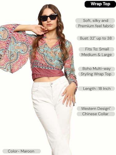Image of KE KANHA EXPORTS Wrap Top for Women|Backless Tops for Women| Multiway Tie Up V Neck Bell Sleeves Chinese Collar|Multicolor|Easily fits S-M-L|Bust32-38in|Length18in|Boho Beach