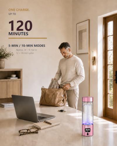Image of Hydrogen Water Bottle Generator, 5000 PPB Hydrogen Rich Water with LED Timer, Rechargeable, Glass Bottle with Aluminum Alloy Shell, 1300mAh Battery for Home Office Travel (Pink)