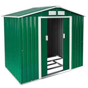 tectake®- Metalen tuinhuis met zadeldak – Tuingereedschapsschuur met schuifdeur, metalen fundering – Tuinhuis of fietsengarage, 4 m³ opslagruimte- diverse kleuren (groen)