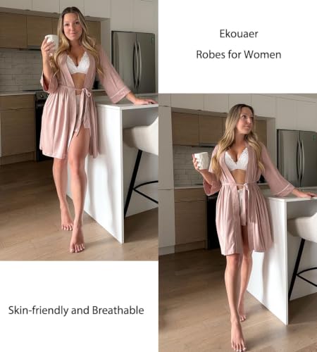 Image of Ekouaer Women Robes Knee Length Kimono Bathrobe Lightweight Soft Sleepwear