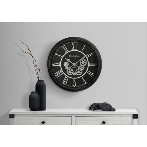23" Round Wall Clock with Gear Mechanism, Black, Transitional