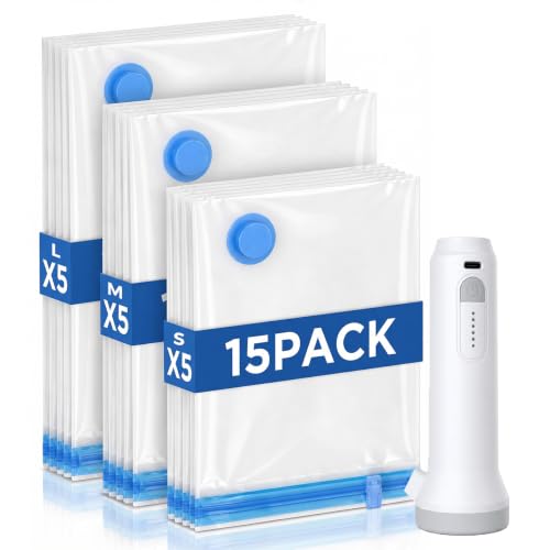 15-Pack-Travel-Vacuum-Storage-Bags-with-Rechargeable-Cordless-Pump-3-Sizes 15 Pack Travel Vacuum Storage Bags with Rechargeable Cordless Pump, 3 Sizes - Image 1