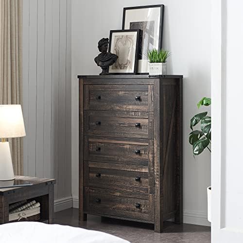 T4TREAM 48" Tall Farmhouse 5-Drawer Dresser for Bedroom, Dark Rustic Oak — view 8