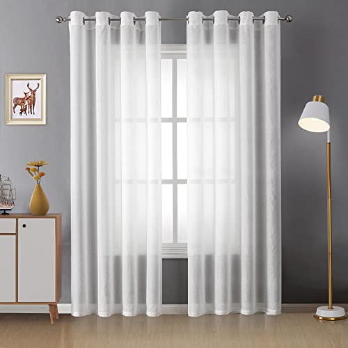 Grandekor Voile Gardinen Vorhang Weiß Halbtransparent mit Ösen,Gardine Ösenvorhang 2er Set 140x175cm(BxH),Gardinen Schal für Wohnzimmer Schlafzimmer Kinderzimmer-Blättermuster Cover