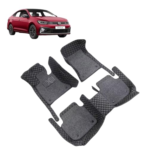 Image of Auto Hub 7D Car Floor Mats Compatible with Volkswagen Virtus, Leatherette, 100% Waterproof & Washable, Virtus Car 7D Floor Mat, Black
