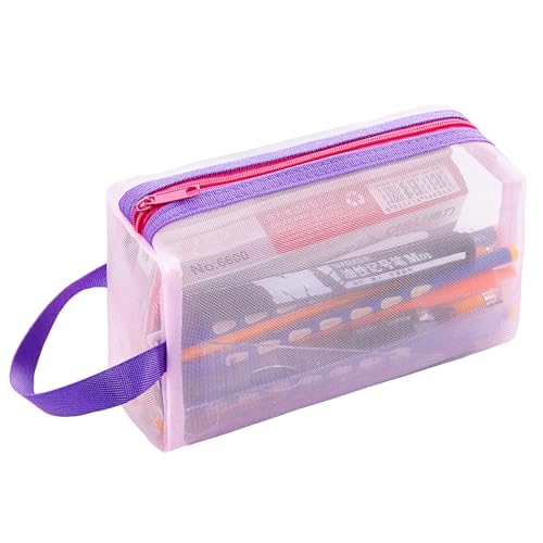 KELIFANG Transparent Mesh Pencil Case Large Capacity Zipper Pouch Bags for Pen Pencil Marker Organization Portable Makeup Organizer with Carry Handle Multifunctional Pencil Box Pink