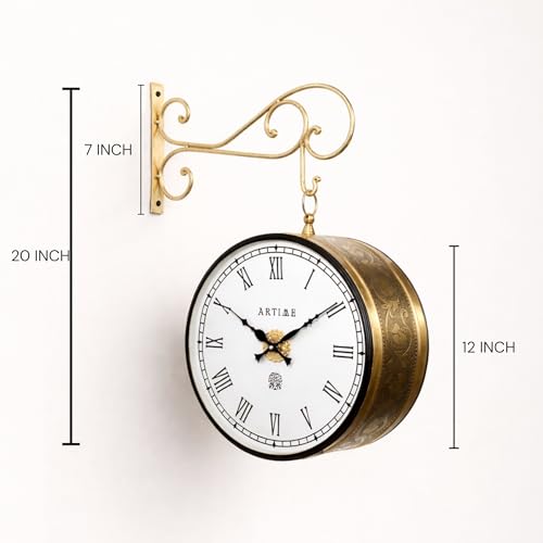 Image of Handcrafted Double Side Metal Analog Vintage Wall Clock | 1.5 Year Machine Warranty | 12 INCHES | 1 Side Number 1 Side Roman,Color Golden