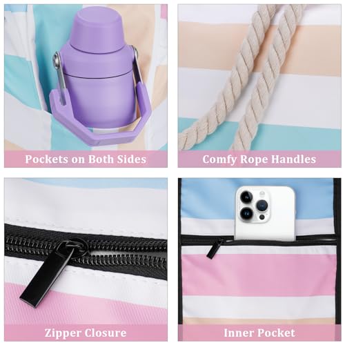 Stylish Waterproof Beach Tote Bag for Women, Large Capacity Zipper Closure with Rope Shoulder Straps3