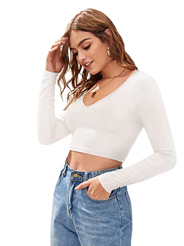 Image of LONDON BELLY Women's Polyester Crop Top with V Neck Full Sleeves Solid Pattern Regular Fit and Crop Length | Crop Tops for Woman | Women Chic Everyday Wear Top