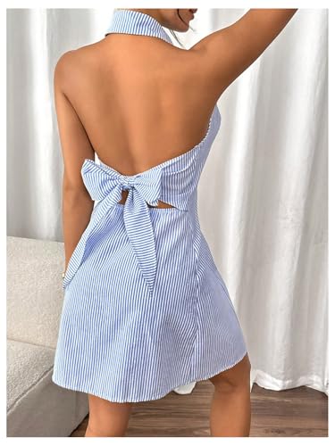 Image of WDIRARA Women's Striped Button Front Sleeveless Halter Dress Lapel Neck Tie Backless A Line Dresses Blue Medium