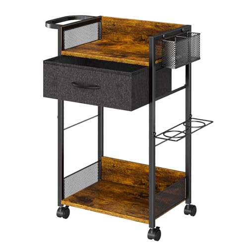 Salon Trolley Cart with Wheels Mobile Hair Stylist Station with Metal Tool Holder & Basket Rolling Barber Table with Fabric Drawer Storage for Salon Barbershop Spa & Tattoo Black