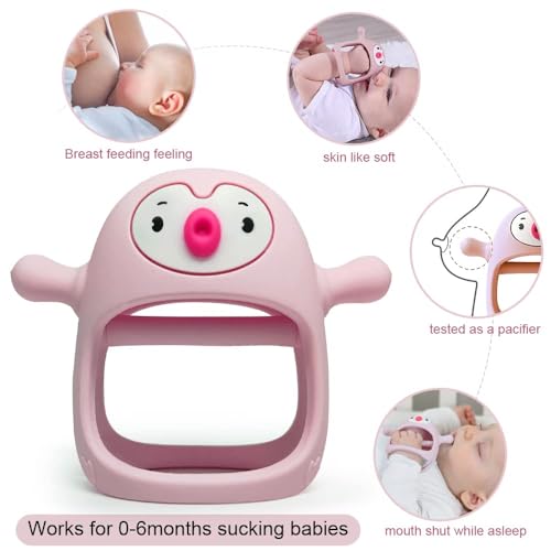 Image of Baby Teething Toy Silicone Teething Mitten for Babies Over 3 Months Anti Dropping Wrist Hand Teethers Baby Chew Toys for Sucking Needs, BPA Free (Light Pink 2 in 1)