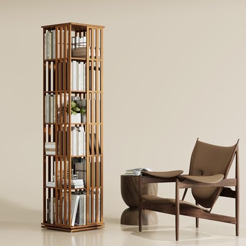 YOWOS Rotating Bookshelf Tower, 360 Display Spinning Bookcase, Bamboo Bookshelf Floor Standing Storage Rack, Wood Narrow Book Shelf Organizer for Kids&Adults, Walnut 6 Tier
