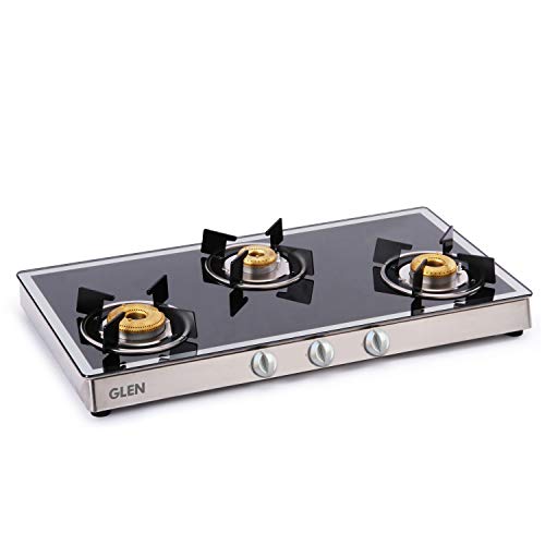 Image of Glen 3 Burner Toughened Glass Top LPG Gas Stove|Forged Brass Burners| Black|Manual Ignition| ISI Certified |Revolving Inlet Nozzle| 1038 GT FBM