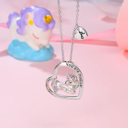 Unicorns Gifts for Girls Necklace, White Gold Plated Colorful CZ Heart Pendant Unicorn Necklace for Girls Women Initial Necklace Unicorn Jewelry Birthday Christmas Gifts for Girls Kids 6