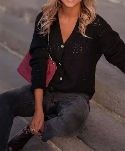 Image of AIMITAG Cropped Cardigan Sweaters for Women Fall Long Sleeve Crochet Knit Shrug Open Front V-Neck Button up Tops