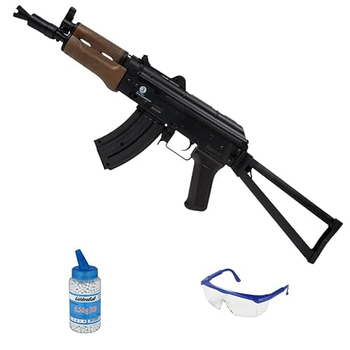 Fucile Kalashnikov AKS-74U Molla (6 mm) | Pistola ad aria compressa per softair (pallini in PVC) Calibro 6 mm + bottiglia da 0,20 + occhiali protettivi (potenza: 0,65 joule)