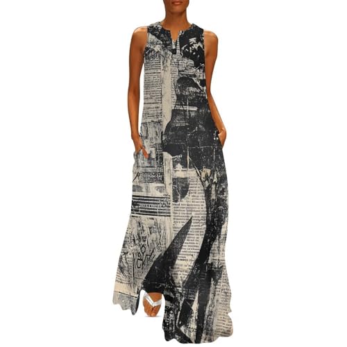 Newspaper Print Women Summer Casual Long Dress Elegant Sleeveless Beach Vacation Maxi Sundress