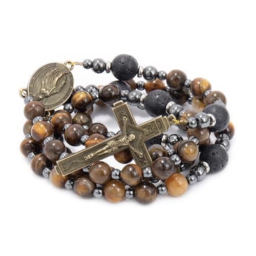 Nazareth Store Rosary Beads for Men, Catholic Rosary Necklace, Tiger Eye Beads Strong Rosary Cross Necklace in Portable Gift Box3