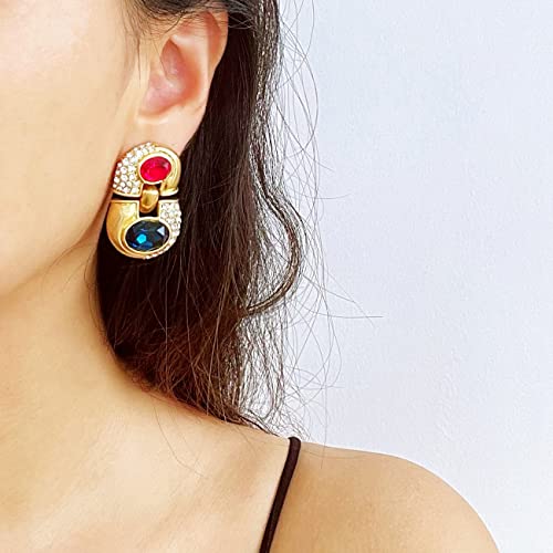 Hundredthz Gold Alloy Plated Ruby And Blue Crystal Double Circular Segment Drop Earrings #TOP5