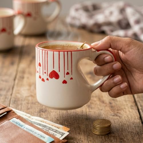 Image of Saras Aajeevika 2 Pc Handmade Ceramic Coffee - 300ml Heart Shape Gift Set Tea /Milk Mug Cup Set for Kitchen Glossy Finish Kids Glass Drinkware -Mircowave & Dishwasher Safe Ideal for Daily Use & Gifting