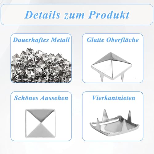 NISENTIA 200 Stück Quadratische Nieten Metall, Studs Pyramiden Nieten Set für Leder Ziernieten DIY Punk Niete Silber für Kleidung Taschen Lederband Schuhe Mäntel Handschuhe (8mm)