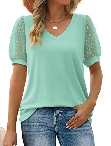 Image of Aokosor Womens Summer Tops V Neck T Shirts Swiss Dot Puff Sleeve Tops Loose Casual Tshirts