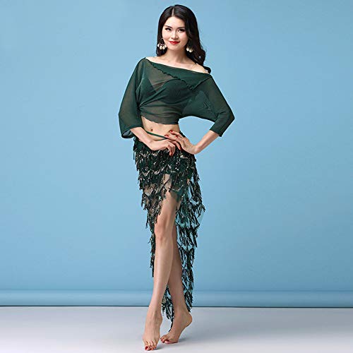 Munafie Hip Scarf For Belly Dance Folk Dance Halloween Costume Tribal Dance Skirt With Sequin Tassel Green #TOP5