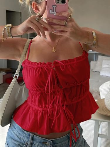 Image of Tankaneo Womens Summer Tie Front Crop Tops Cute Ruffle Ruched Spaghetti Strap Tank Tops Y2K Going Out Shirts