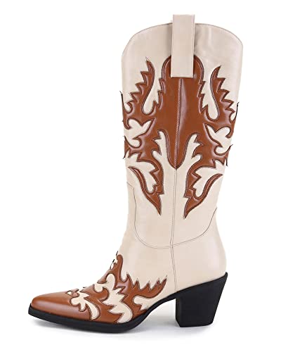 Image of ANN CREEK Women's 'Claremont' Sexy Cowboy Boots Mid Calf Knee-high Patchwork Dressy Cowgirl Western Woman Chunky Heel Pointed Toe Trendy Knee High Tall Boots