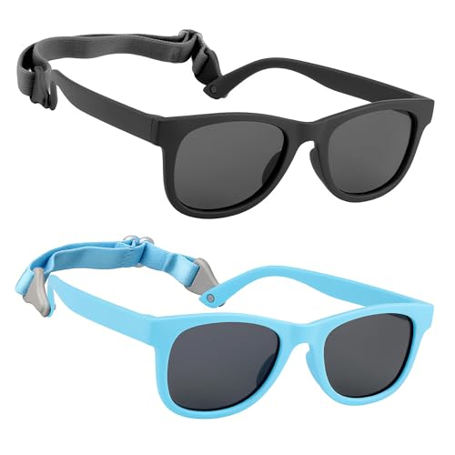 2-Pack Polarized Toddler Sunglasses with Strap for 0-24 Months,Black & Sky Blue