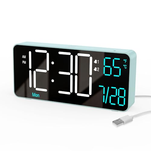 Image of KOSUMOSU Digital Alarm Clock for Bedroom, 6.7in Desk Clock LED, Auto Dimming, Room Temperature, Day of The Week, Date, Seconds, Clocks for Living Room, Alarm Clocks for Bedrooms