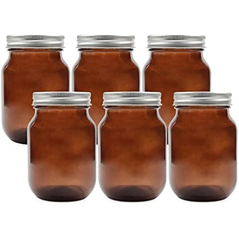 Cornucopia Amber Glass Mason Jars (6-Pack, Pint Size); 16oz Colored Glass Canning and Apothecary Jars Cover
