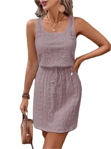 Women's Eyelet Drawstring Round Neck Sleeveless Dress 95% Polyester 5%