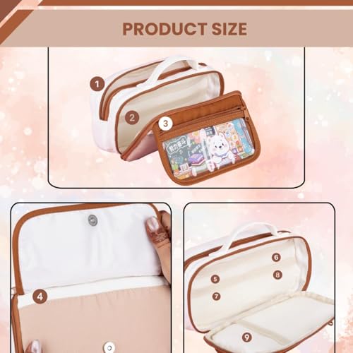 Image of Canvas School Bag Pencil Case, 3 Layer 6 Compartment Large Capacity, Aesthetic Pencil Pouch for Stationary, Cute Stationery for Kids, Pencil Case for Girls & Boys (Coffee /Cream)
