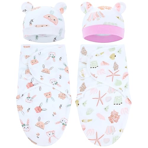 Image of Cinaci 2 Pieces Adjustable Soft Cotton Baby Swaddle Sleep Sacks Hats Newborn Nursery Caps Beanies Bonnets Swaddle Blanket Wraps for Baby Girls Boys Infants Newborns (2PCS S2)