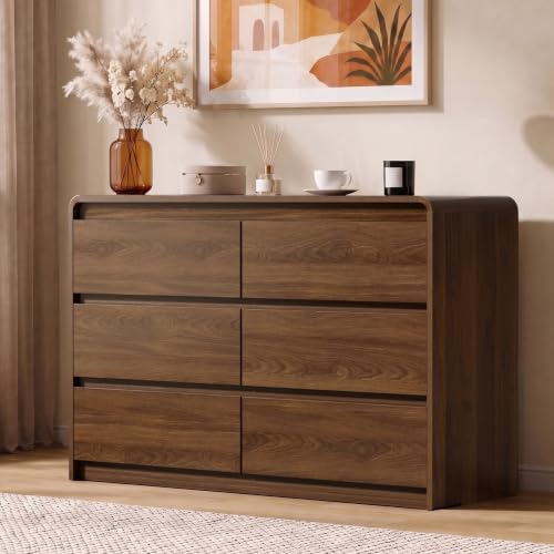 Image of Oransail 6 Drawer Dresser, 47 inch Wide Walnut Dresser Chest of Drawers, Curved Anti-Collision & Anti-Tipping Design, Mid Century Modern Wooden Dresser for Bedroom, Living Room, TV Stand