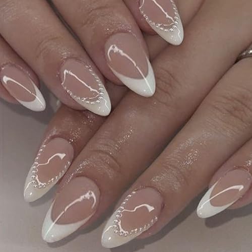 IQXGE French Tip Press on Nails Almond Medium Nude Skin Glossy False Fake Nails Press ons Full Cover Artificial Stick on Nail with White French Pearls Design Fake Nail 24Pcs Reusable for Women IQXGE French Tip Press on Nails Almond Medium Nude Skin Glossy False Fake Nails Press ons Full Cover Artificial Stick on Nail with White French Pearls Design Fake Nail 24Pcs Reusable for Women