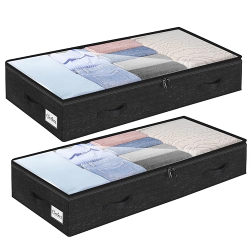 2 Pack 100L Under Bed Storage Containers, Low Profile Closet Organizers and Storage Bins for Dorm, Foldable Underbed Bag for Clothes, Blanket, Sheet, Wrapping Paper, Clear Window & Dual Zippers, Black