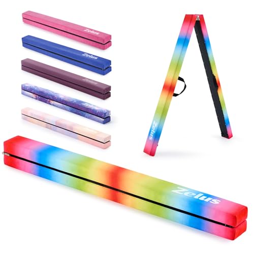 ZELUS Trave da Ginnastica Artistica Pieghevole 244cm Trave da Equilibrio Trave da Pavimento Base Solida di Legno e Antiscivolo con Maniglie per Piccoli, Principianti e Ginnaste per Casa(Arcobaleno)