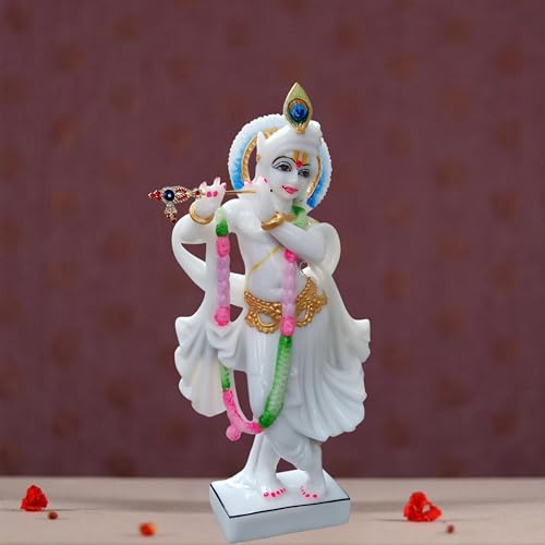 Image of Marble Handicraft God Krishna Idols Statue Murti for Home Decoration and Temple Decoration Items for Home Decor Living Room Mandir Temple Pooja Room Table Top Office Decorative Gifts(White)